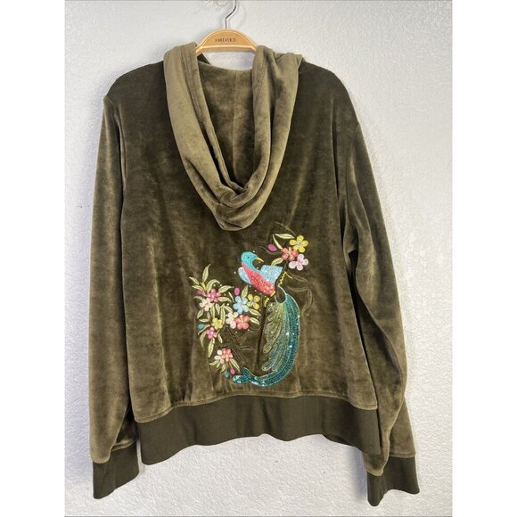 BCBG Y2K Velour Track Jacket Womens 2X Green Velvet Sequin Embroidered Hooded - Picture 1 of 9